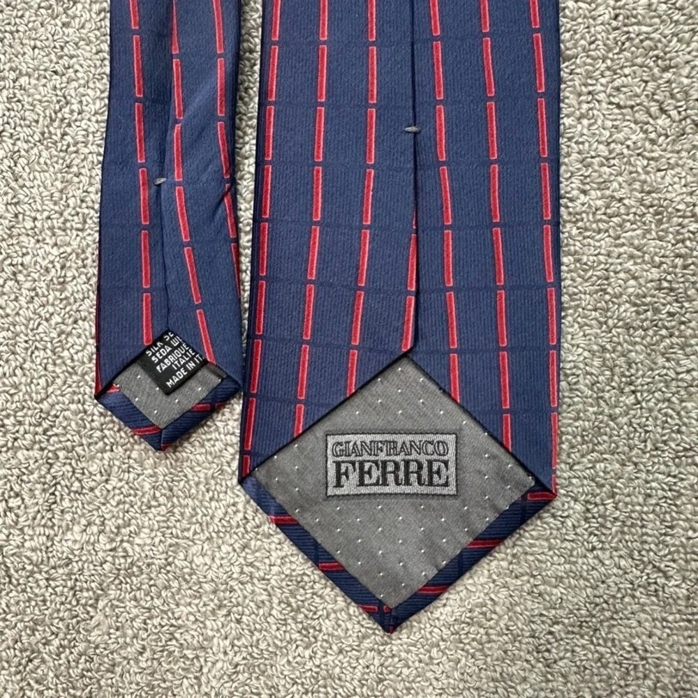 Gianfranco Ferre Mens Silk Tie Navy Blue Red Geometric Dash Made in Italy